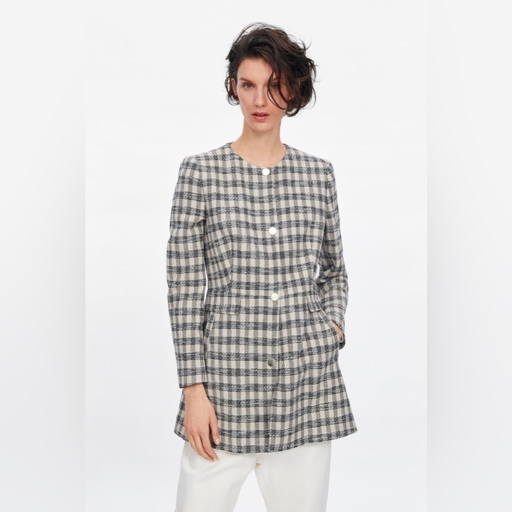 Zara Coat Check Frock Plaid Duster Cotton Linen Blend Woven 2686/677